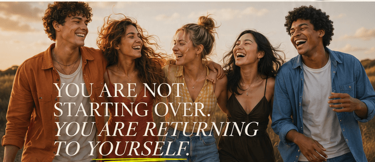 Five friends laughing outdoors with the message: You are not starting over. You are returning to yourself.