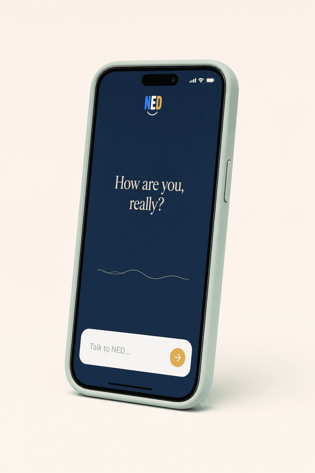 The NED Sleep App shown on a complete phone in a mint-green case with the prompt How are you, really?