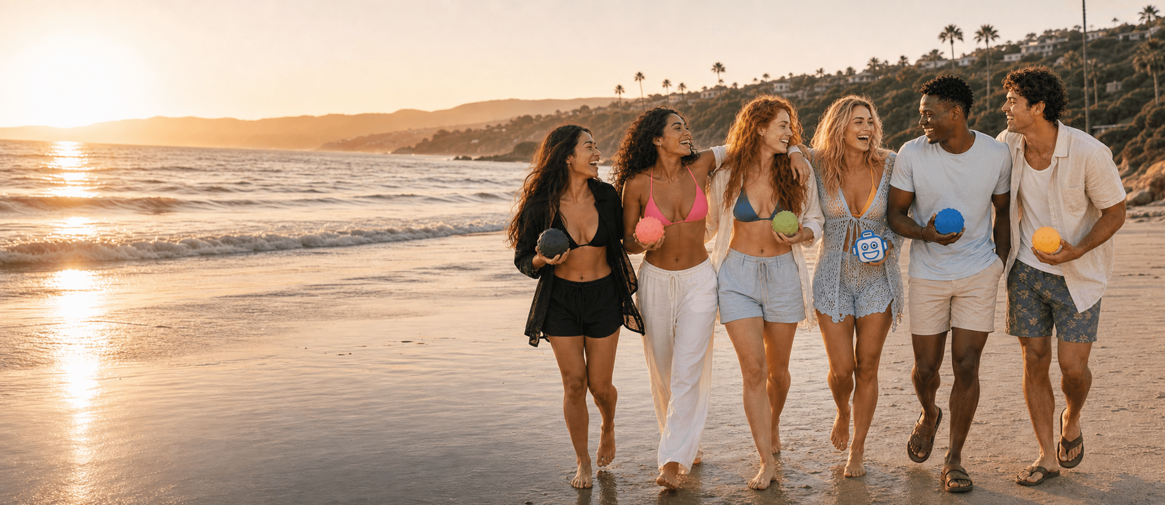 Six friends walking together along the ocean shoreline at sunset while holding NED products.