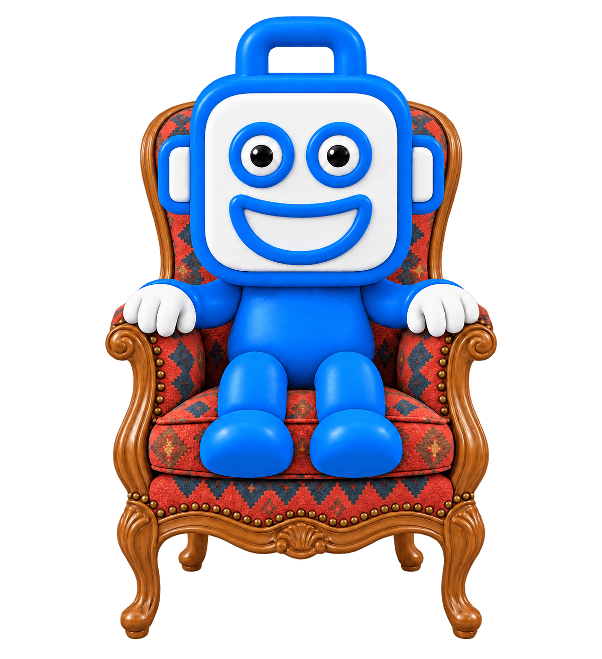 Ned seated in a narrow carved chestnut wooden chair with red and teal woven upholstery, smiling directly at you