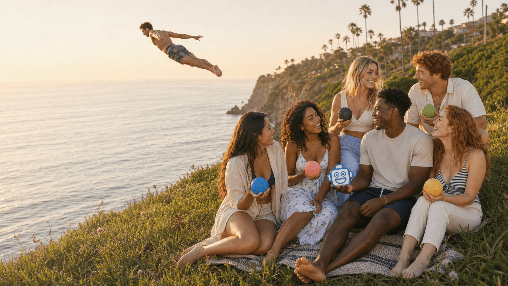 A young man diving safely toward open water as five friends enjoy NED together on the coast.