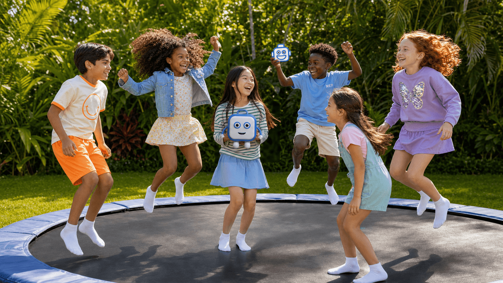 Six joyful children playing with a pink tactile NED ball and the blue-and-white NED robot on a backyard trampoline.